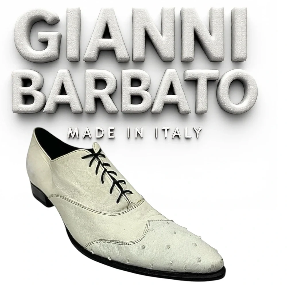 GIANNI BARBATO Mens Italian Style White Lace-Up Leather-Ostrich Shoes EU 40 US 7